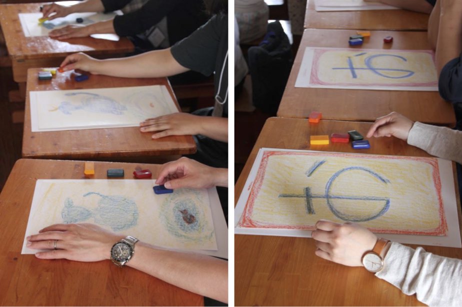 授業では参加者も子どもたちと同じようにクレヨンで絵や文字を描きます。